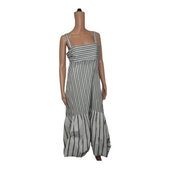 Theory Stripe Cotton Tie Back Open Back Midi Dress Gray White Size L NWT - Picture 14 of 16
